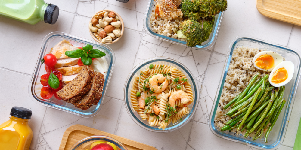 healthy balanced meals in glass containers