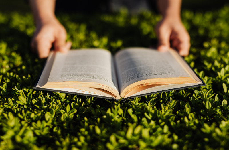 person reading a book in the grass