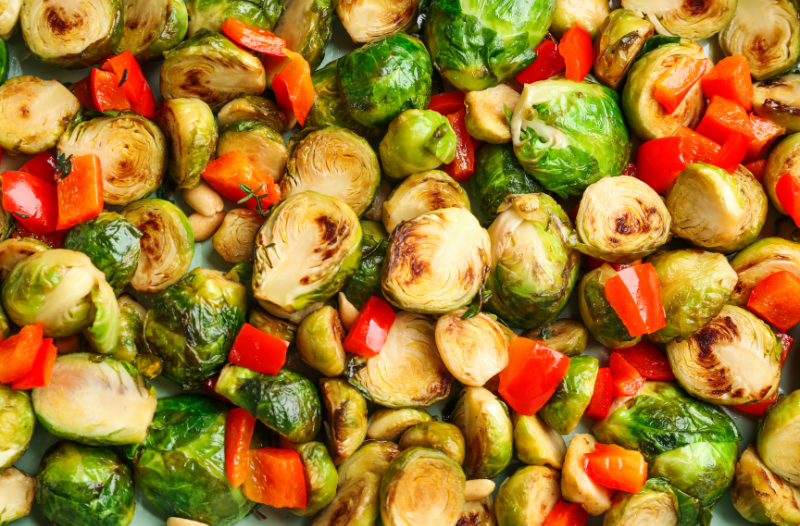 Roasted Brussel sprouts and orange peppers